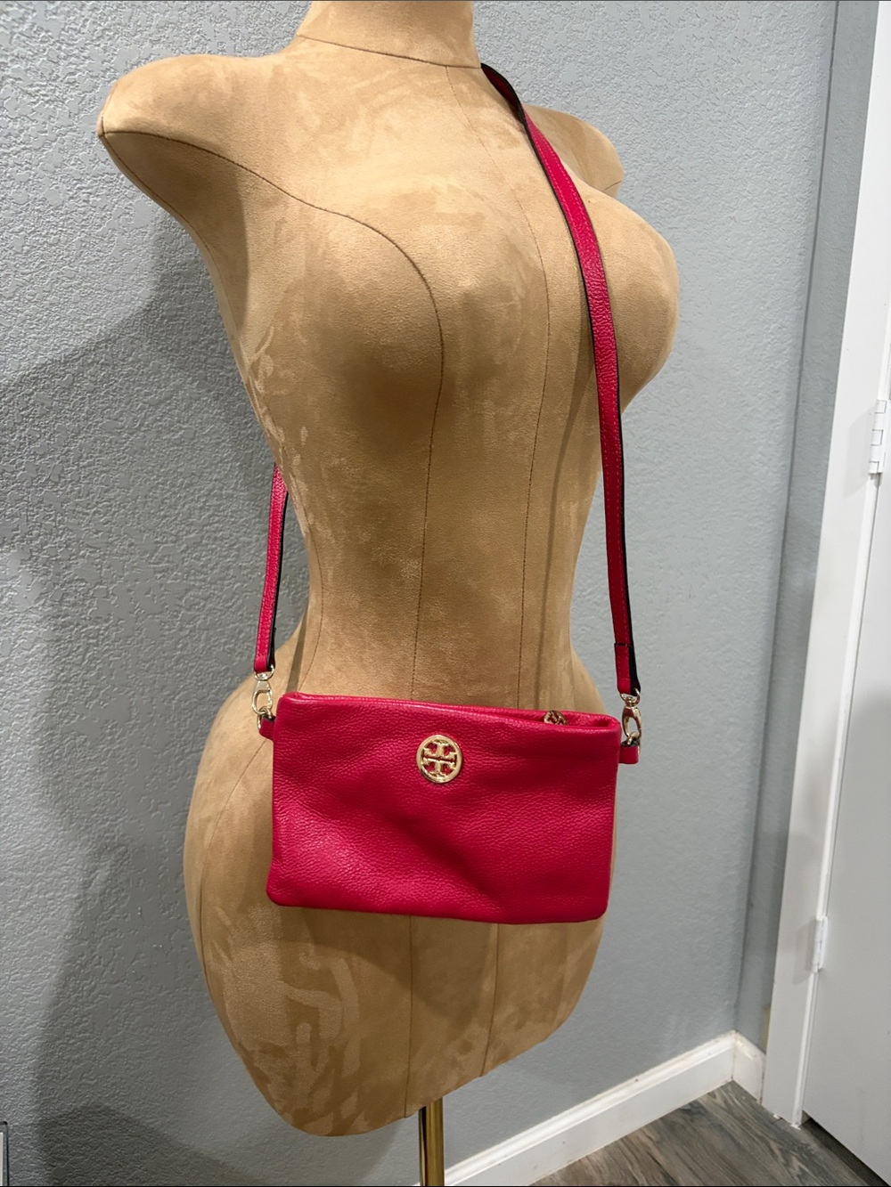 Tory Burch Hot Pink Pebbled Leather Crossbody with Gold Logo